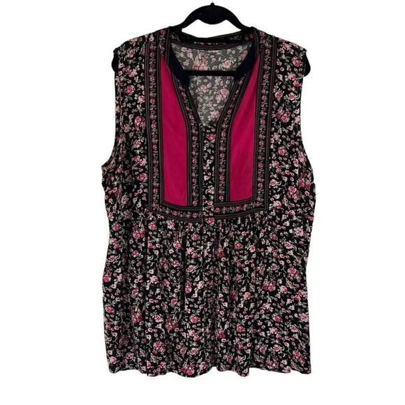 Rose Floral Pattern Tunic Sleeveless Colorblock Hot Pink Green Black White Flowy - Picture 1 of 4